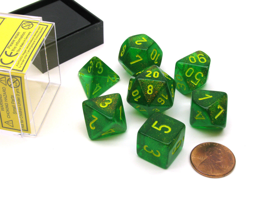 Polyhedral 7-Die Borealis Chessex Dice Set - Maple Green with Yellow Numbers