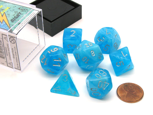 Polyhedral 7-Die Luminary Chessex Glow in the Dark Dice Set - Sky with Silver