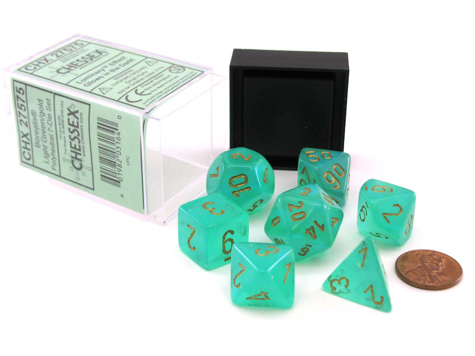 Polyhedral DnD 7-Dice Set, Luminary Borealis - Light Green with Gold Numbers