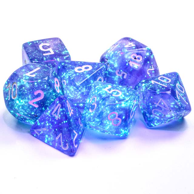 Polyhedral DnD 7-Dice Set, Luminary Borealis - Purple with White Numbers