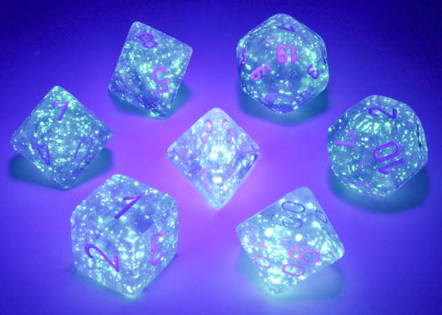 Polyhedral DnD 7-Dice Set, Luminary Borealis - Purple with White Numbers