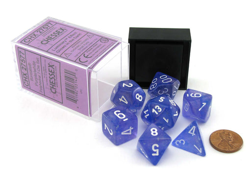 Polyhedral DnD 7-Dice Set, Luminary Borealis - Purple with White Numbers