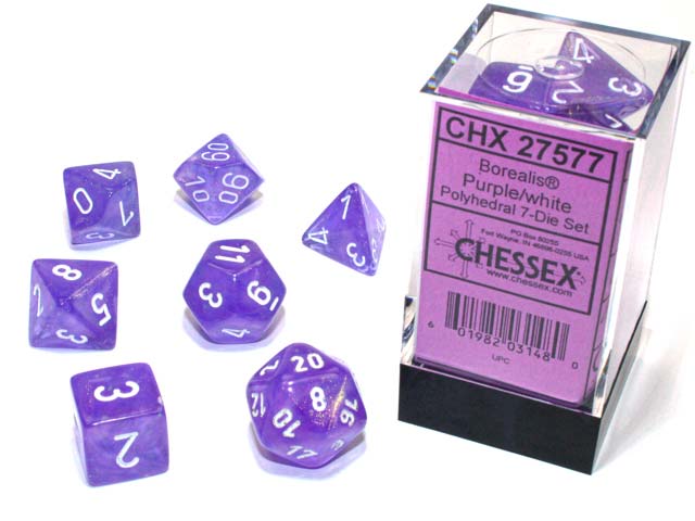 Polyhedral DnD 7-Dice Set, Luminary Borealis - Purple with White Numbers