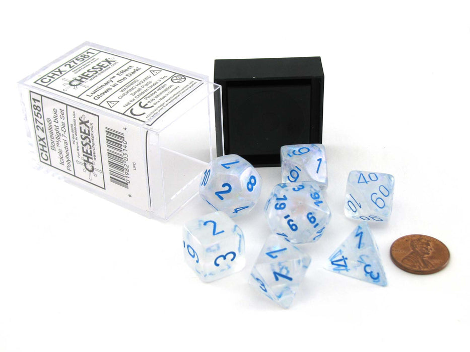 Polyhedral DnD 7-Dice Set, Luminary Borealis - Icicle with Light Blue Numbers