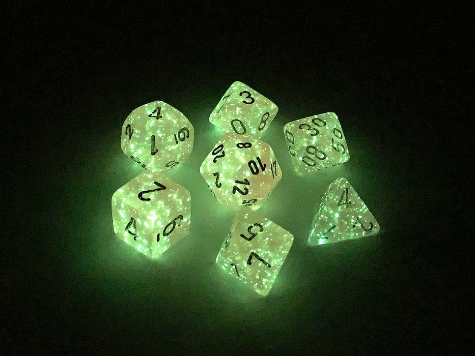 Polyhedral DnD 7-Dice Set, Luminary Borealis - Pink with Silver Numbers