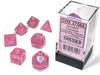 Polyhedral DnD 7-Dice Set, Luminary Borealis - Pink with Silver Numbers
