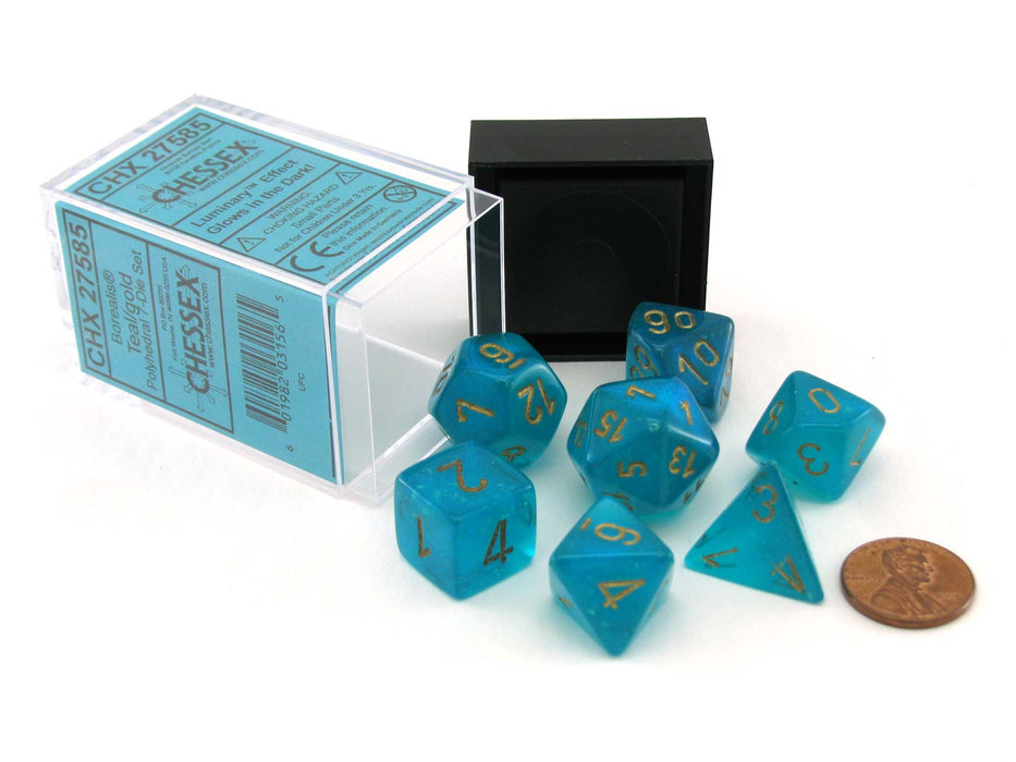 Polyhedral DnD 7-Dice Set, Luminary Borealis - Teal with Gold Numbers