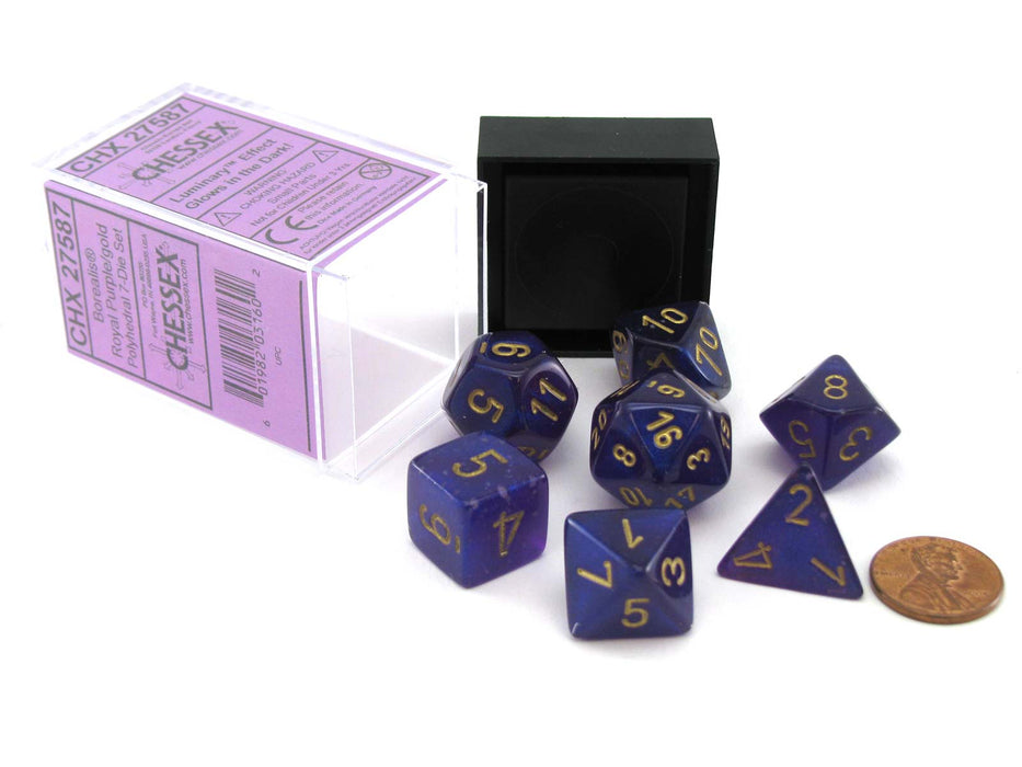 Polyhedral DnD 7-Dice Set, Luminary Borealis - Royal Purple with Gold Numbers