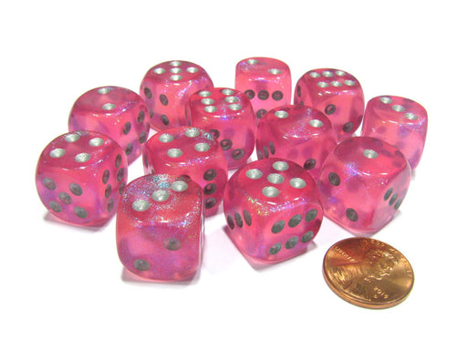Borealis 16mm D6 Chessex Dice Block (12 Dice) - Pink with Silver Pips