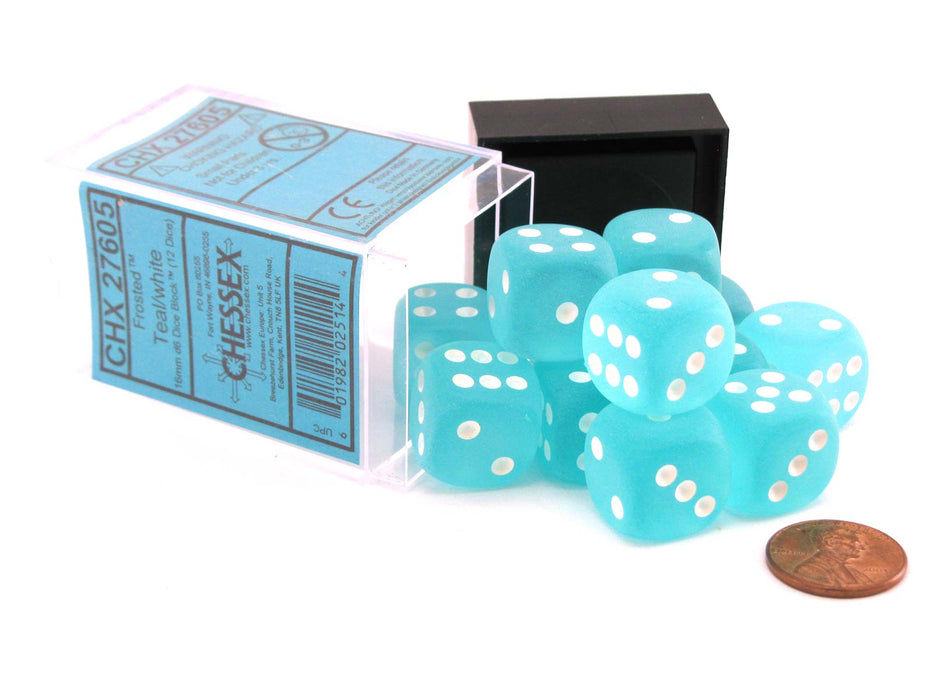 Frosted 16mm D6 Chessex Dice Block (12 Dice) - Teal with White Pips