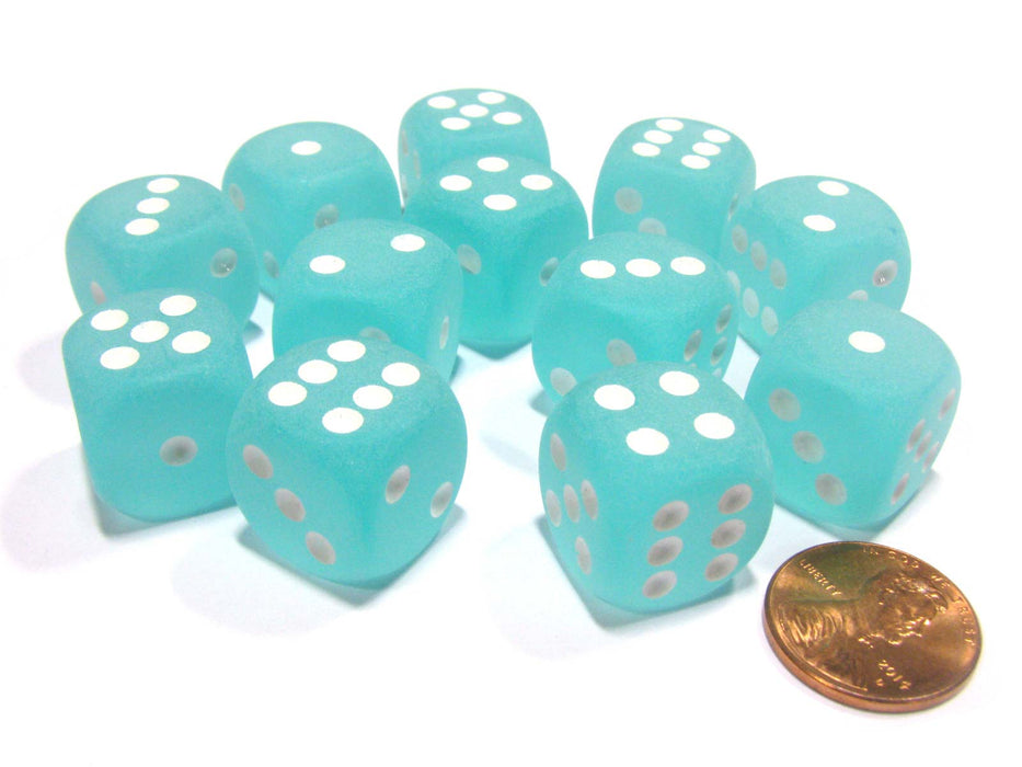 Frosted 16mm D6 Chessex Dice Block (12 Dice) - Teal with White Pips