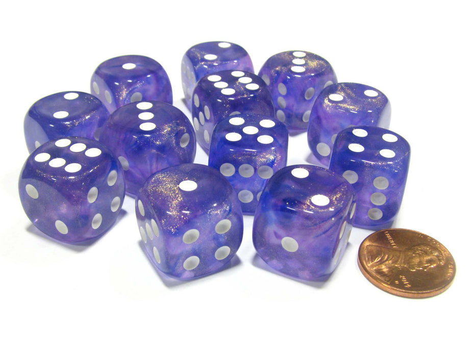 Borealis 16mm D6 Chessex Dice Block (12 Dice) - Purple with White Pips