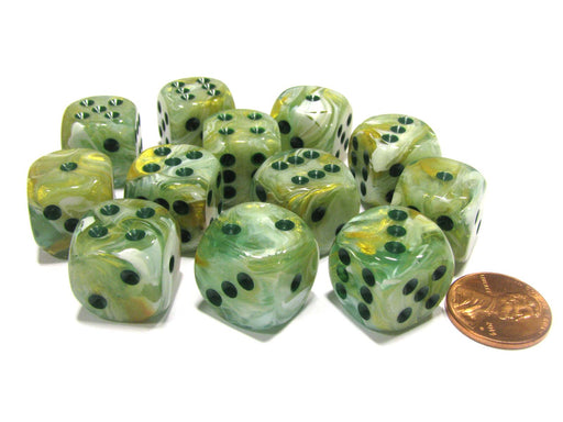 Marble 16mm D6 Chessex Dice Block (12 Dice) - Green with Dark Green Pips