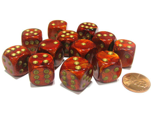 Scarab 16mm D6 Chessex Dice Block (12 Dice) - Scarlet with Gold Pips