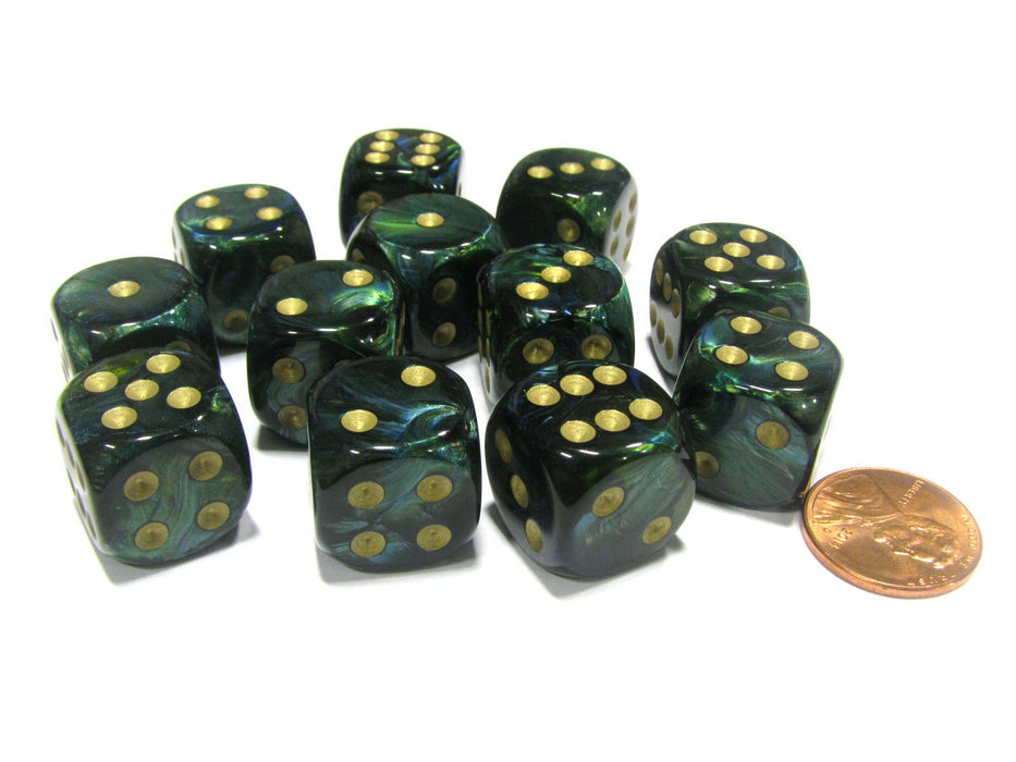 Scarab 16mm D6 Chessex Dice Block (12 Dice) - Jade with Gold Pips