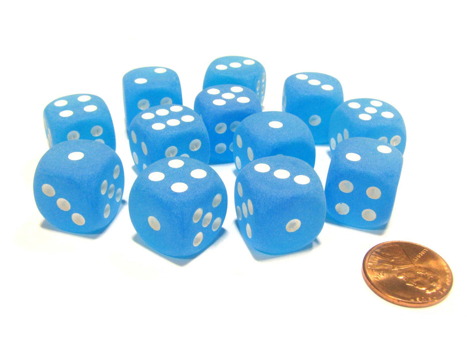 Frosted 16mm D6 Chessex Dice Block (12 Dice) - Caribbean Blue with White Pips