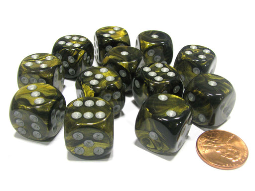 Leaf 16mm D6 Chessex Dice Block (12 Dice) - Black Gold with Silver Pips