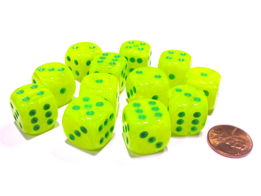 Vortex 16mm D6 Chessex Dice Block (12 Dice) - Bright Electric Yellow with Green