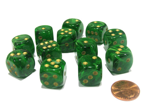 Vortex 16mm D6 Chessex Dice Block (12 Dice) - Green with Gold Pips