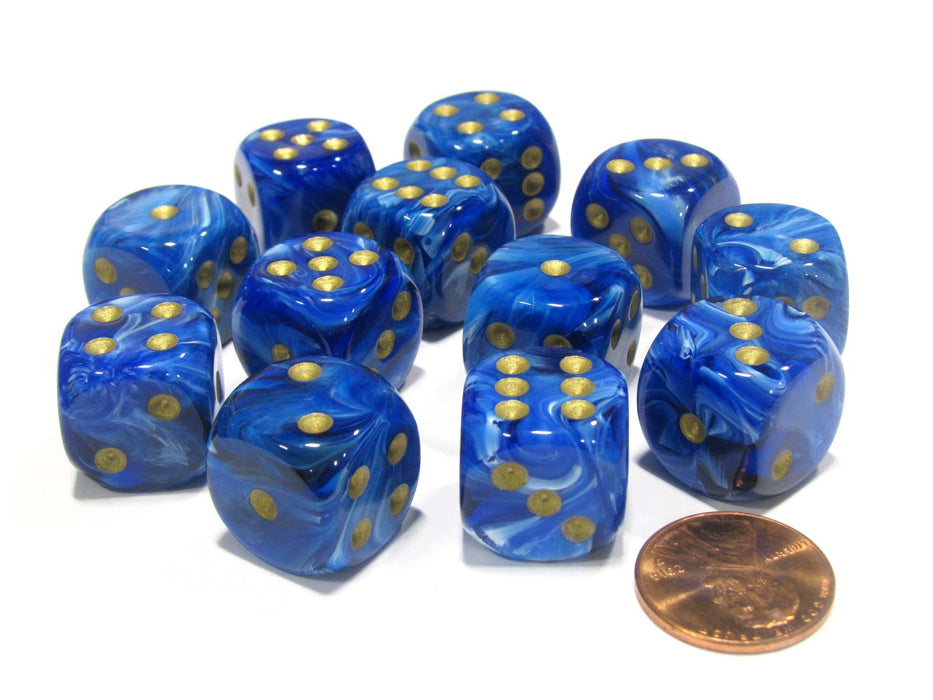 Vortex 16mm D6 Chessex Dice Block (12 Dice) - Blue with Gold Pips