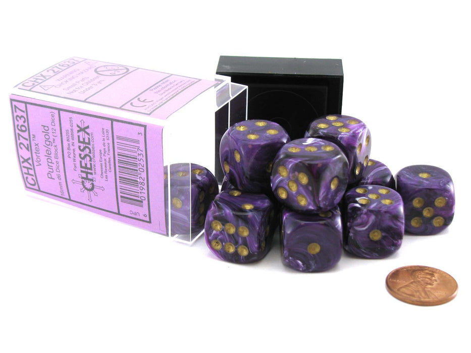 Vortex 16mm D6 Chessex Dice Block (12 Dice) - Purple with Gold Pips