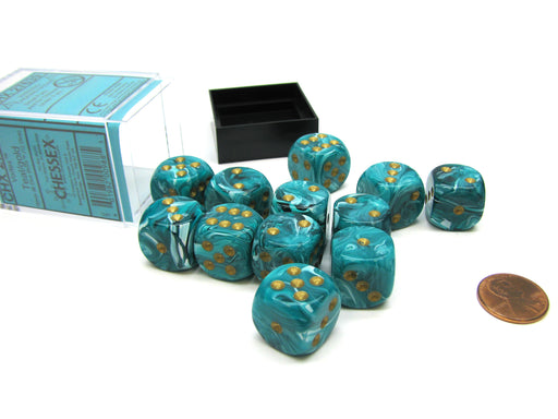 Vortex 16mm D6 Chessex Dice Block (12 Dice) - Teal with Gold Pips