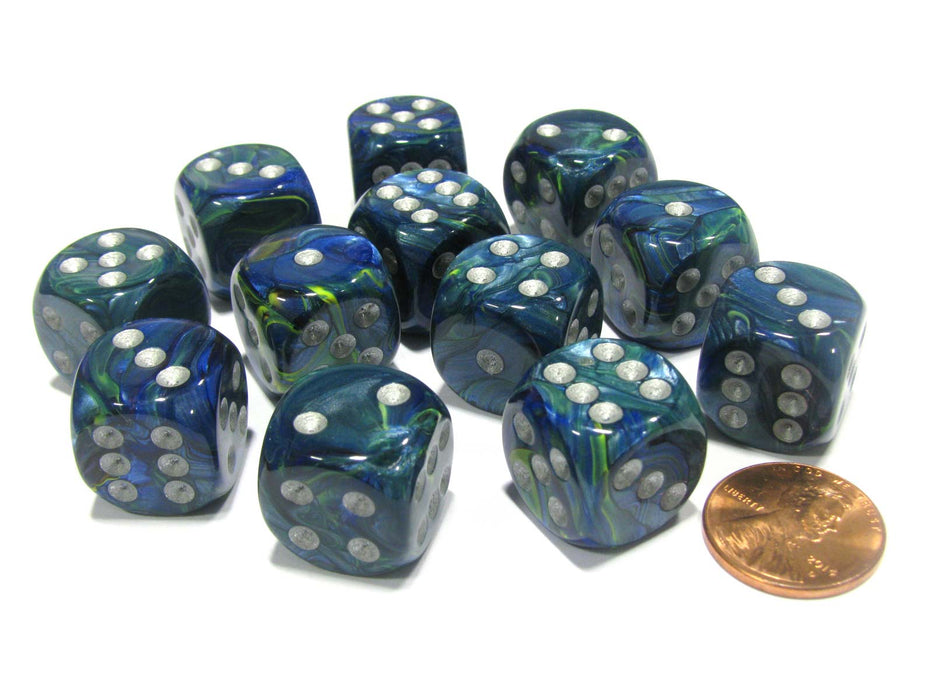Festive 16mm D6 Chessex Dice Block (12 Dice) - Green with Silver Pips