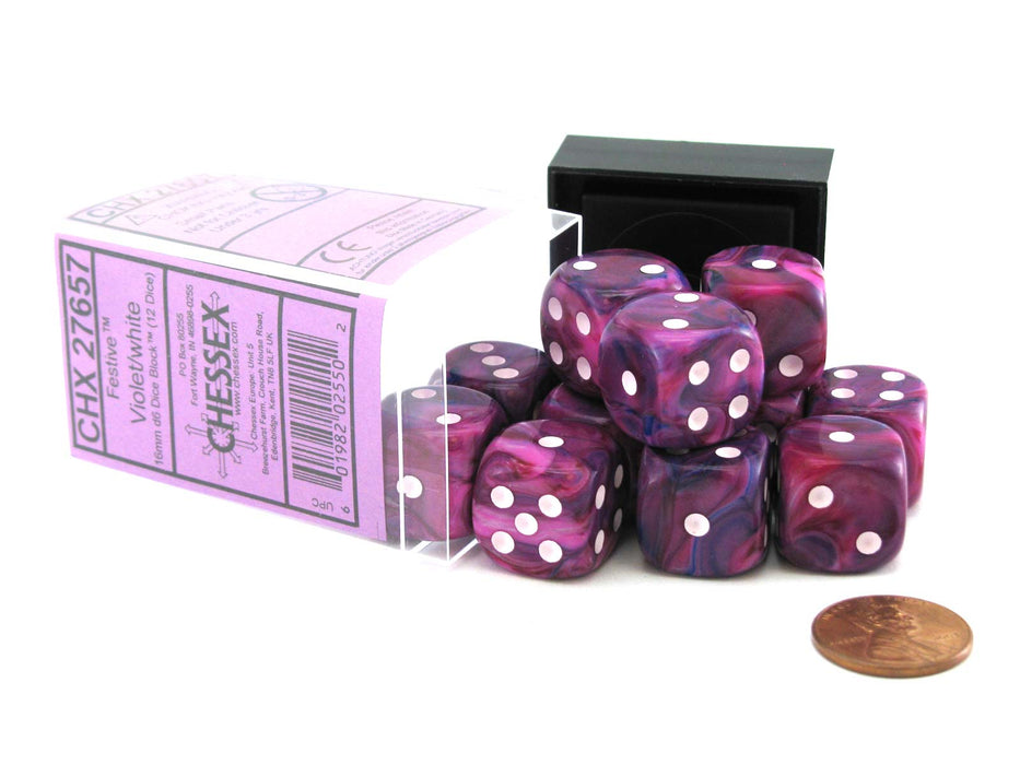 Festive 16mm D6 Chessex Dice Block (12 Dice) - Violet with White Pips