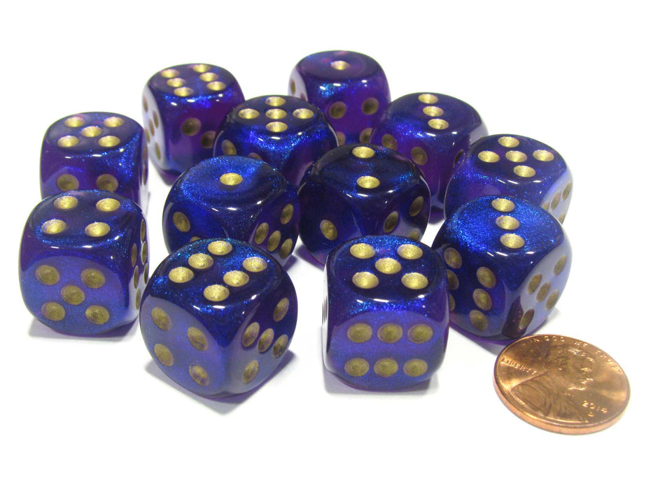 Borealis 16mm D6 Chessex Dice Block (12 Dice) - Royal Purple with Gold Pips