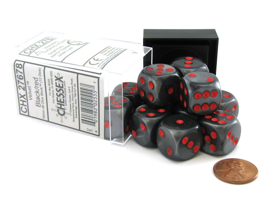 Velvet Dice 16mm D6 Chessex Dice Block (12 Dice) - Black with Red Pips