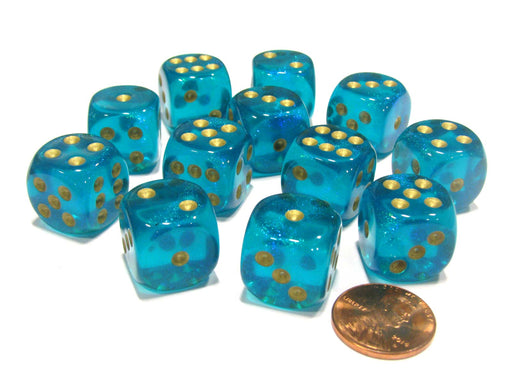 Borealis 16mm D6 Chessex Dice Block (12 Dice) - Teal with Gold Pips