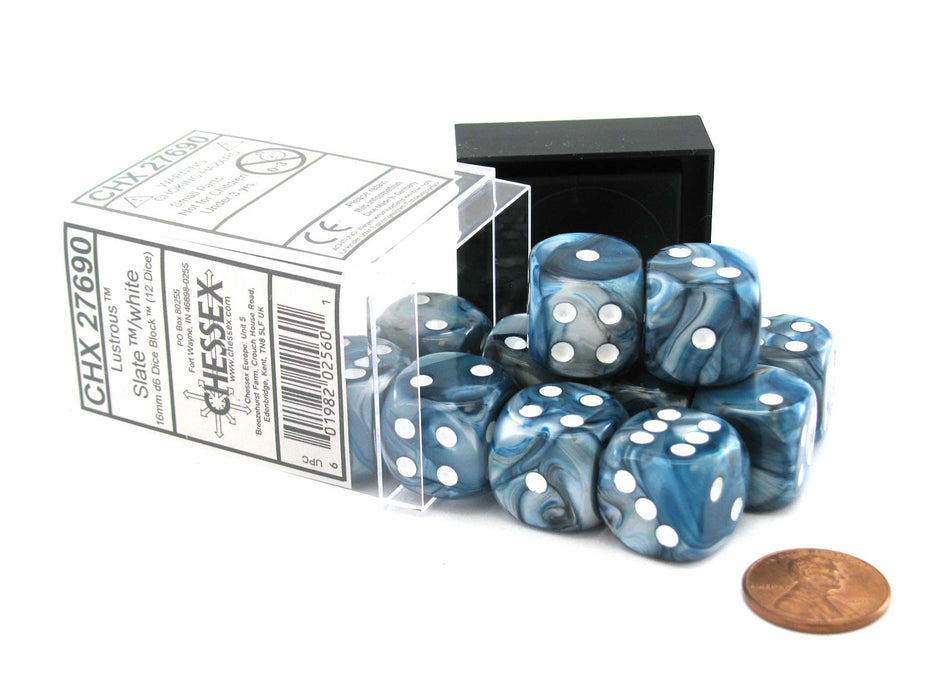 Lustrous 16mm D6 Chessex Dice Block (12 Dice) - Slate with White Pips