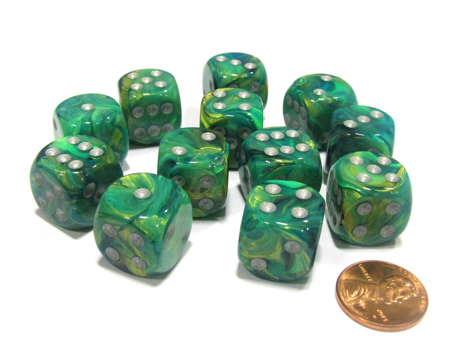 Lustrous 16mm D6 Chessex Dice Block (12 Dice) - Green with Silver Pips