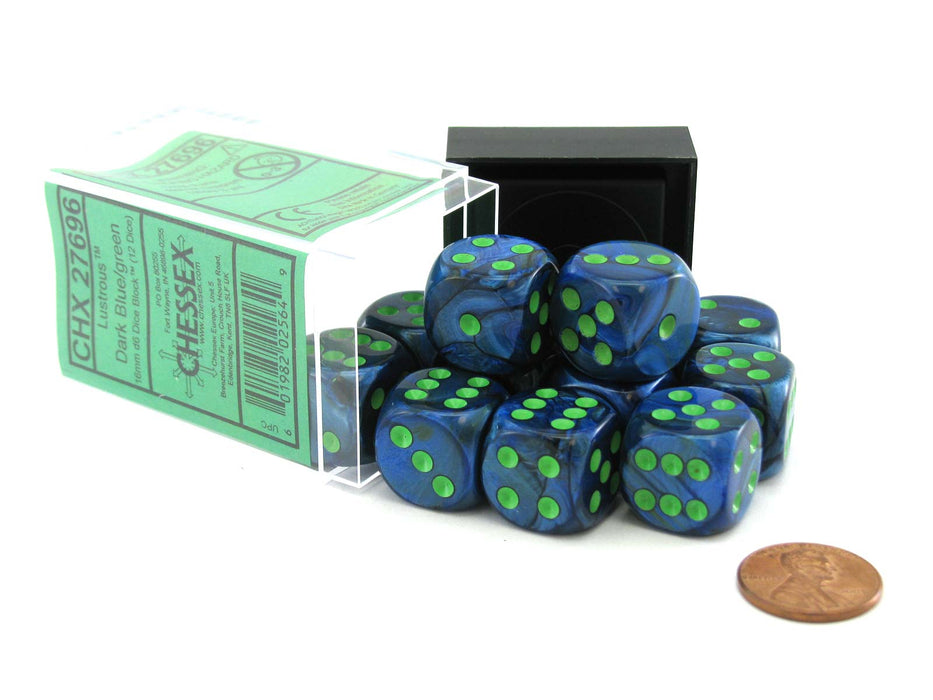 Lustrous 16mm D6 Chessex Dice Block (12 Dice) - Dark Blue with Green Pips