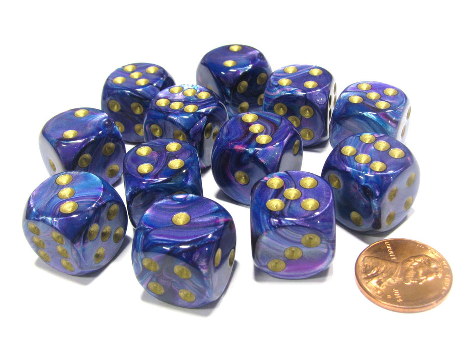Lustrous 16mm D6 Chessex Dice Block (12 Dice) - Purple with Gold Pips
