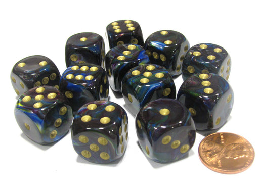 Lustrous 16mm D6 Chessex Dice Block (12 Dice) - Shadow with Gold Pips