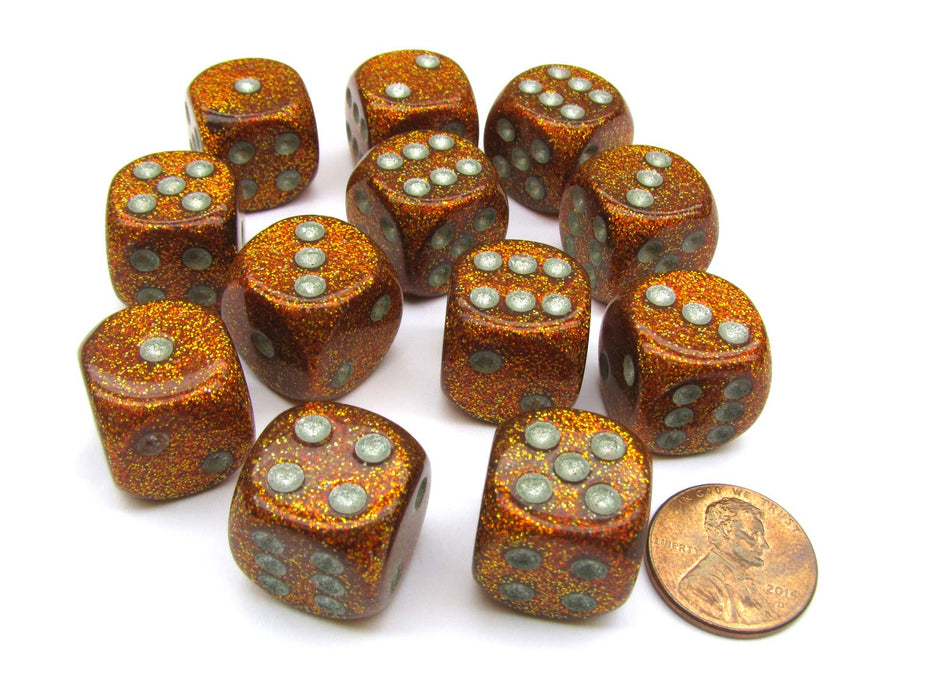 Glitter 16mm D6 Chessex Dice Block (12 Dice) - Gold with Silver Numbers