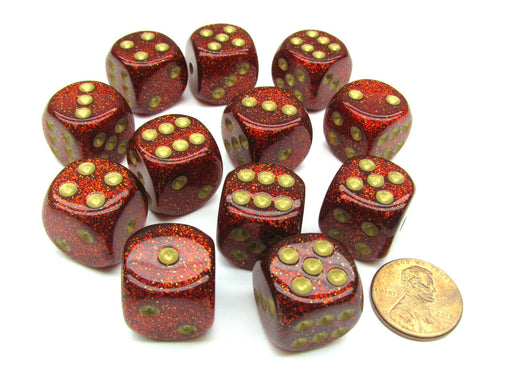 Glitter 16mm D6 Chessex Dice Block (12 Dice) - Ruby Red with Gold Numbers