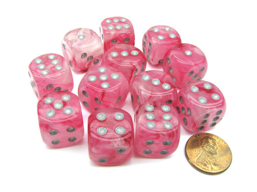 Ghostly Glow 16mm D6 Chessex Dice Block (12 Dice) - Pink with Silver Numbers