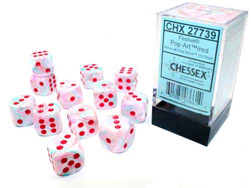 Festive 16mm D6 Chessex Dice Block (12 Die) - Pop Art with Red Pips