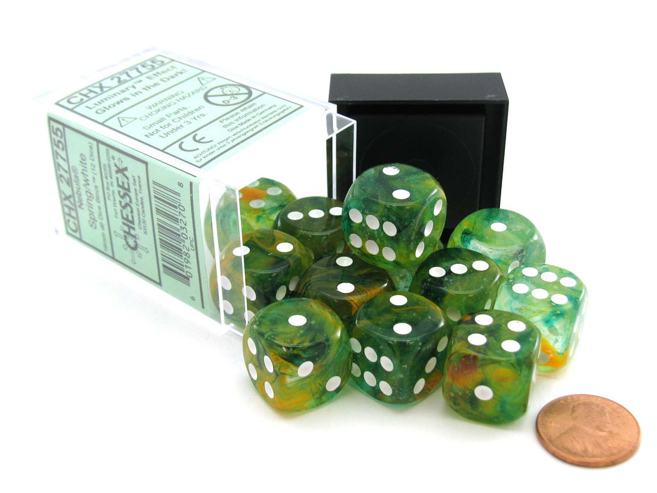 Nebula 16mm D6 Dice Block (12 Dice) - Spring with White Pips