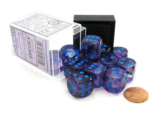 Nebula 16mm D6 Dice Block (12 Dice) - Nocturnal with Blue Pips
