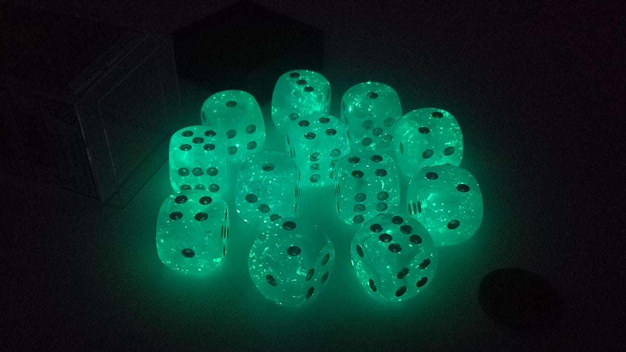 Luminary 16mm D6 Chessex Glow in the Dark Dice Block (12 Die) - Sky with Silver