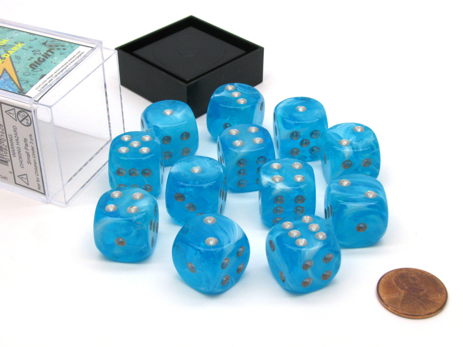 Luminary 16mm D6 Chessex Glow in the Dark Dice Block (12 Die) - Sky with Silver