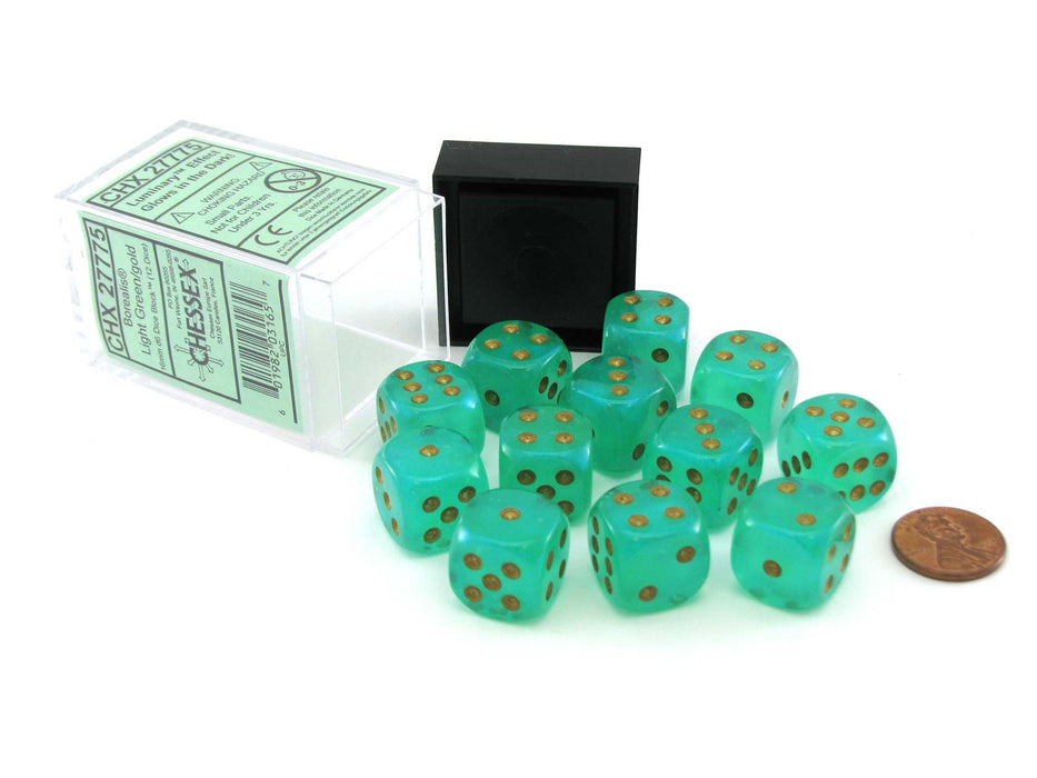 Luminary Borealis 16mm D6 Dice Block (12 Dice) - Light Green with Gold Pips