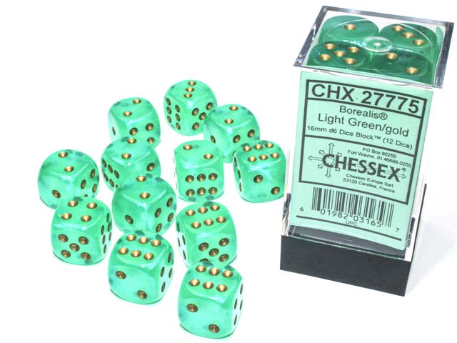 Luminary Borealis 16mm D6 Dice Block (12 Dice) - Light Green with Gold Pips