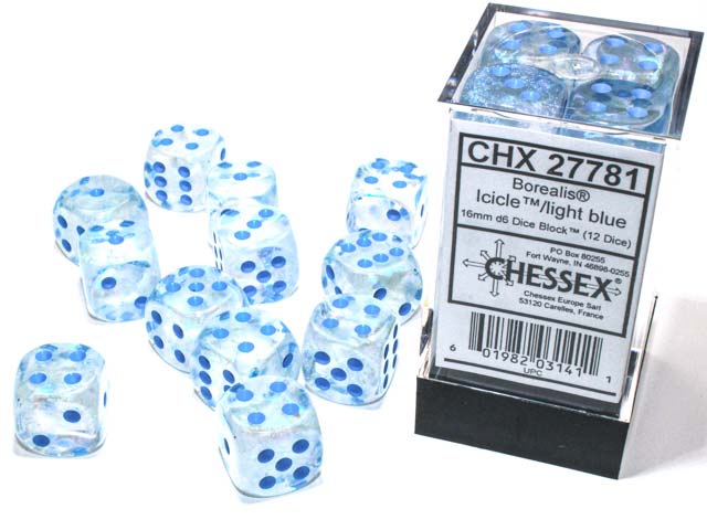 Luminary Borealis 16mm D6 Dice Block (12 Dice) - Icicle with Light Blue Pips