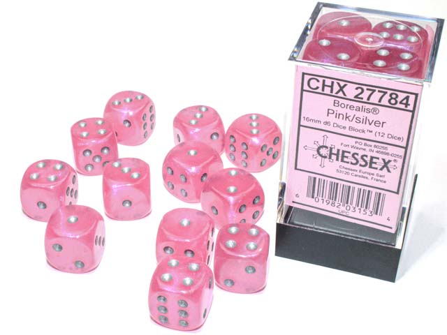 Luminary Borealis 16mm D6 Dice Block (12 Dice) - Pink with Silver Pips