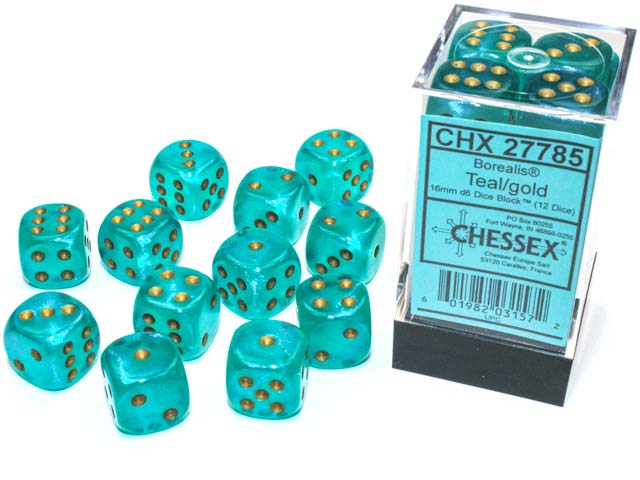 Luminary Borealis 16mm D6 Chessex Dice Block (12 Dice) - Teal with Gold Pip
