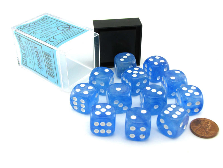 Luminary Borealis 16mm D6 Dice Block (12 Dice) - Sky Blue with White Pips